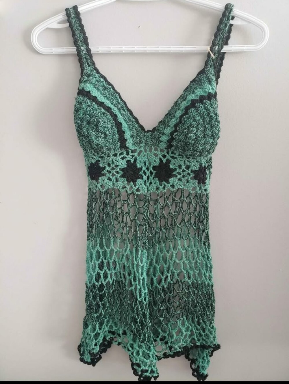 Crocheted Green Mini Dress with Black Accents